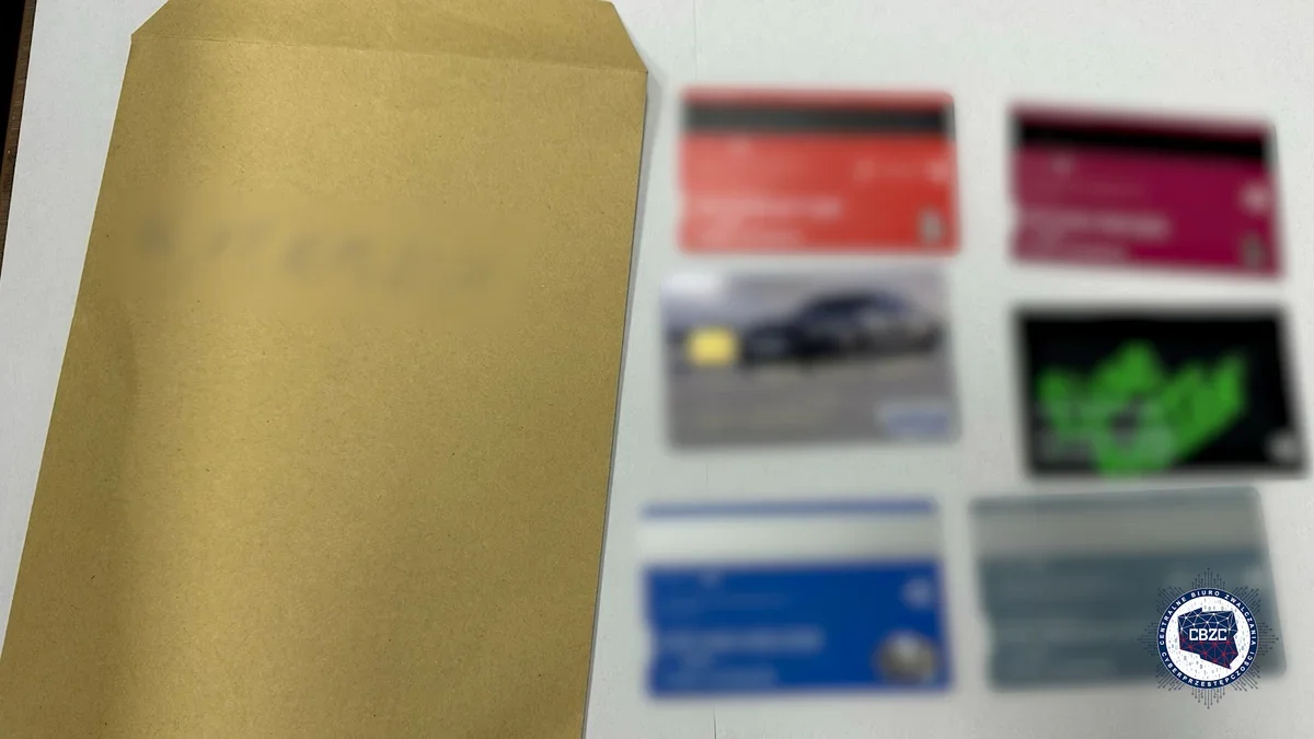Brązowa koperta i sześć rozmytych kart płatniczych leżących na białym blacie, z widocznym znakiem Centralnego Biura Zwalczania Cyberprzestępczości.