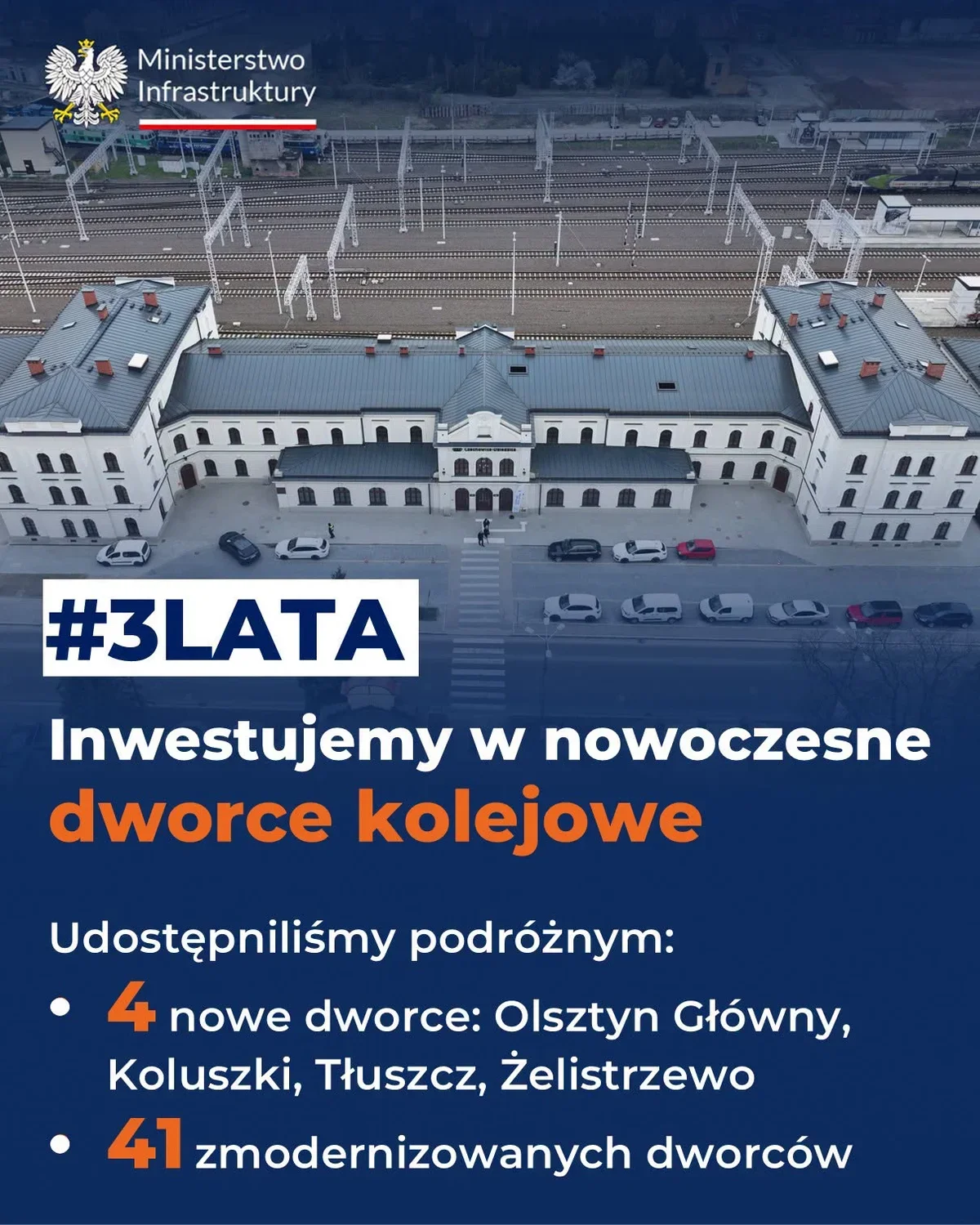 Widok z lotu ptaka na odnowiony, biały budynek dworca kolejowego z parkingiem i torami w tle, z informacjami Ministerstwa Infrastruktury o inwestycjach w dworce