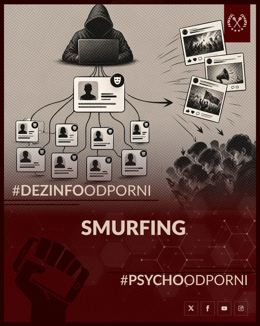 Grafika informacyjna przedstawiająca mechanizm dezinformacji w mediach społecznościowych: anonimowy operator kontroluje sieć fałszywych profili, które rozpowsze