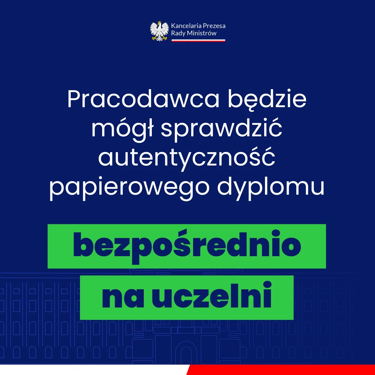Grafika informacyjna Kancelarii Prezesa Rady Ministrów zapowiadająca możliwość bezpośredniego weryfikowania autentyczności papierowych dyplomów przez pracodawcó