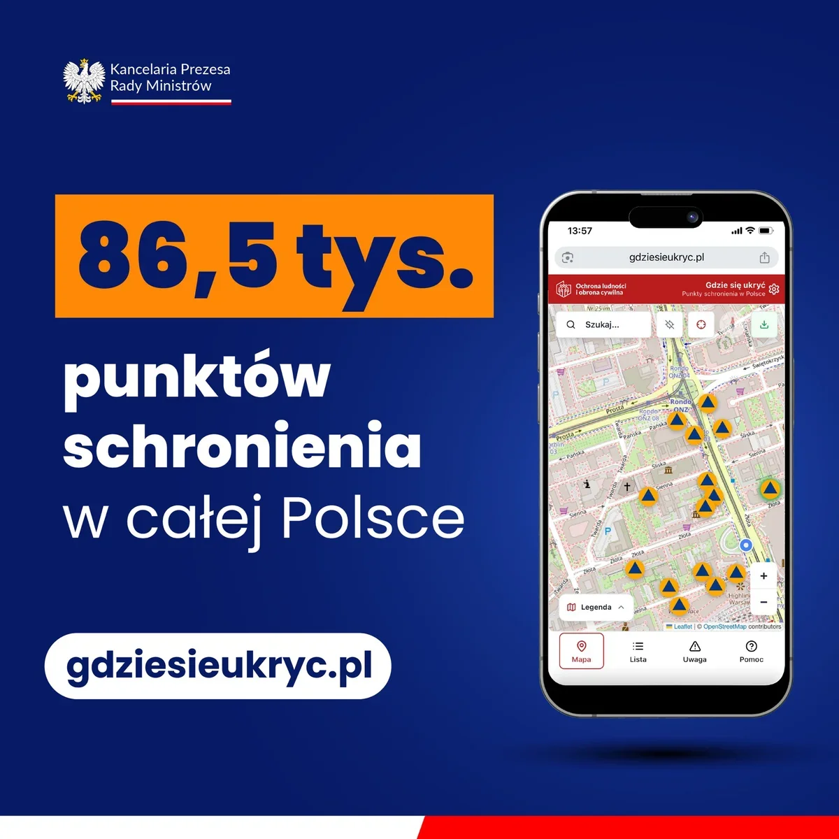 Grafika informacyjna Kancelarii Prezesa Rady Ministrów promująca stronę gdziesieukryc.pl, na której zaznaczono 86,5 tys. punktów schronienia w Polsce.