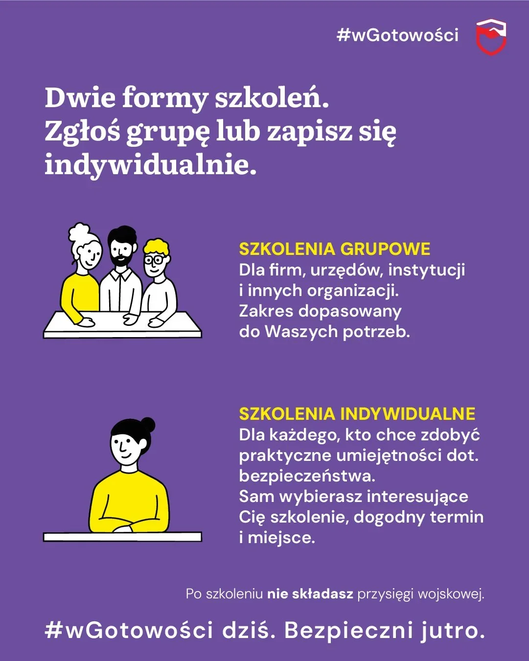 Graficzna infografika informacyjna na fioletowym tle promująca dwie formy szkoleń z bezpieczeństwa: grupowe dla organizacji oraz indywidualne dla osób zainteres