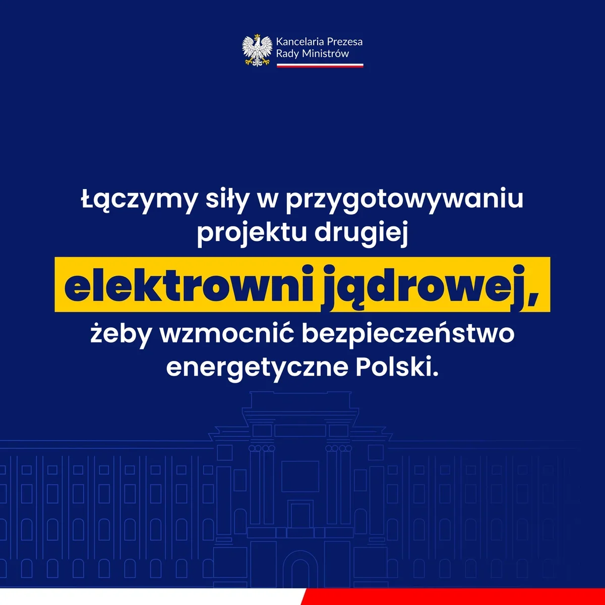 Grafika informacyjna Kancelarii Prezesa Rady Ministrów zapowiadająca przygotowania do projektu drugiej elektrowni jądrowej w Polsce.