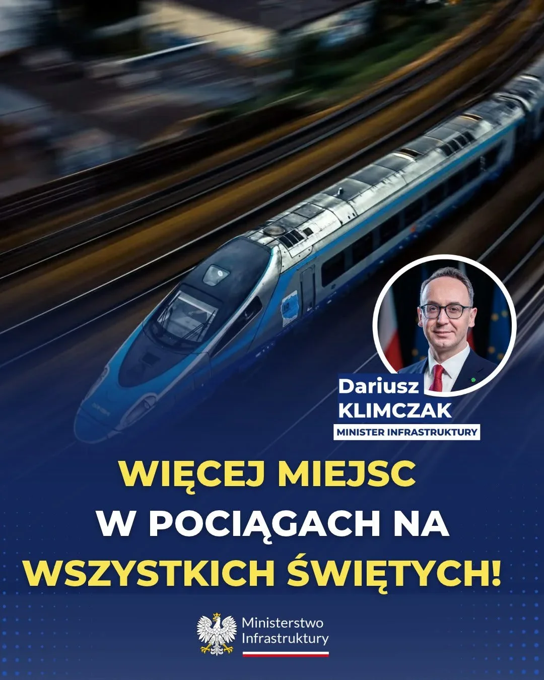 Grafika Ministerstwa Infrastruktury z pędzącym pociągiem Pendolino i portretem ministra, informująca o zwiększonej liczbie miejsc w pociągach na Wszystkich Świę