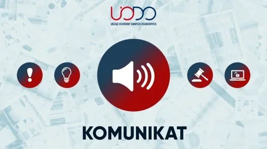 Grafika informacyjna UODO z napisem „KOMUNIKAT” i ikoną głośnika na tle mapy.