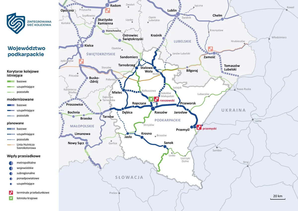 Mapa województwa podkarpackiego przedstawiająca zintegrowaną sieć kolejową z oznaczonymi korytarzami istniejącymi, modernizowanymi i planowanymi oraz węzłami pr