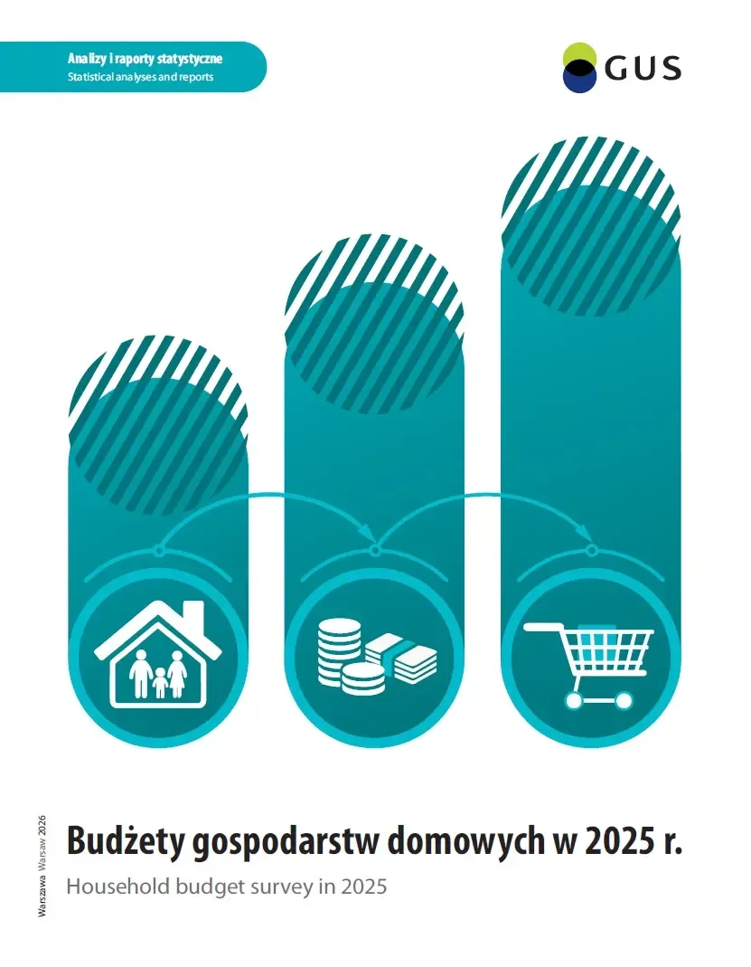 Okładka raportu GUS z 2026 roku zatytułowanego „Budżety gospodarstw domowych w 2025 r.”, z grafiką symbolizującą dom, oszczędności i zakupy.