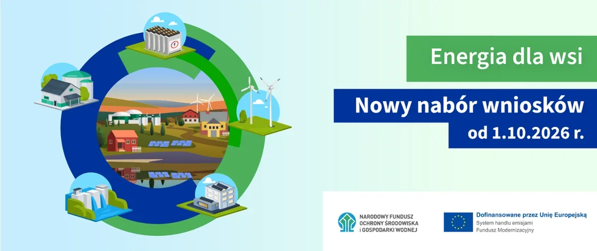Graficzna informacja o programie „Energia dla wsi” ogłaszająca nowy nabór wniosków od 1 października 2026 roku, dofinansowaną przez Unię Europejską z Funduszu M