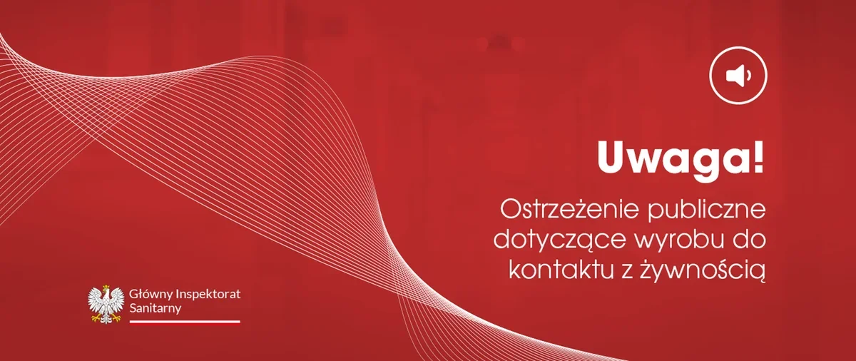 Graficzne ostrzeżenie publiczne Głównego Inspektoratu Sanitarnego na czerwonym tle z białą falą linii.