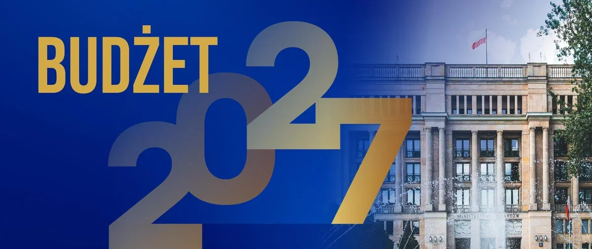 Grafika promująca budżet na rok 2027 z widokiem na gmach Ministerstwa Finansów w Warszawie.