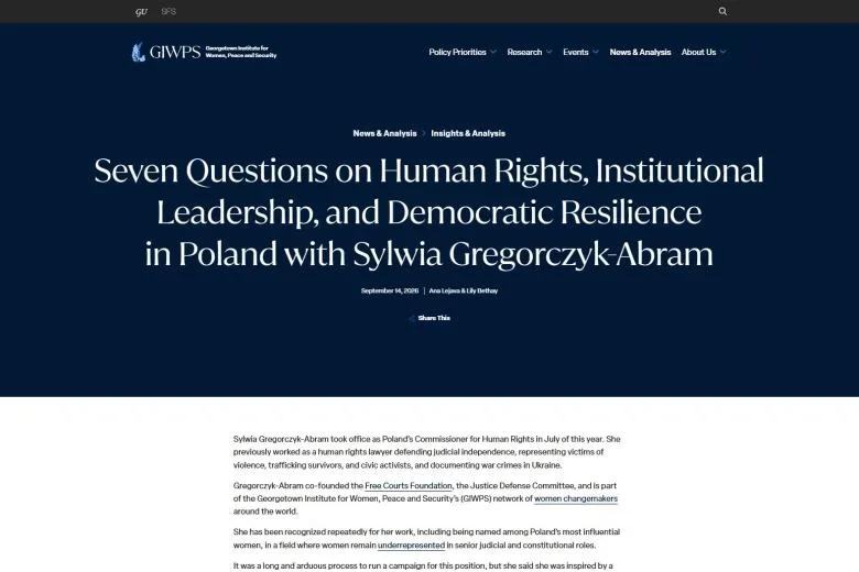 Zrzut ekranu strony internetowej Georgetown Institute for Women, Peace and Security z artykułem o Sylwii Gregorczyk-Abram.