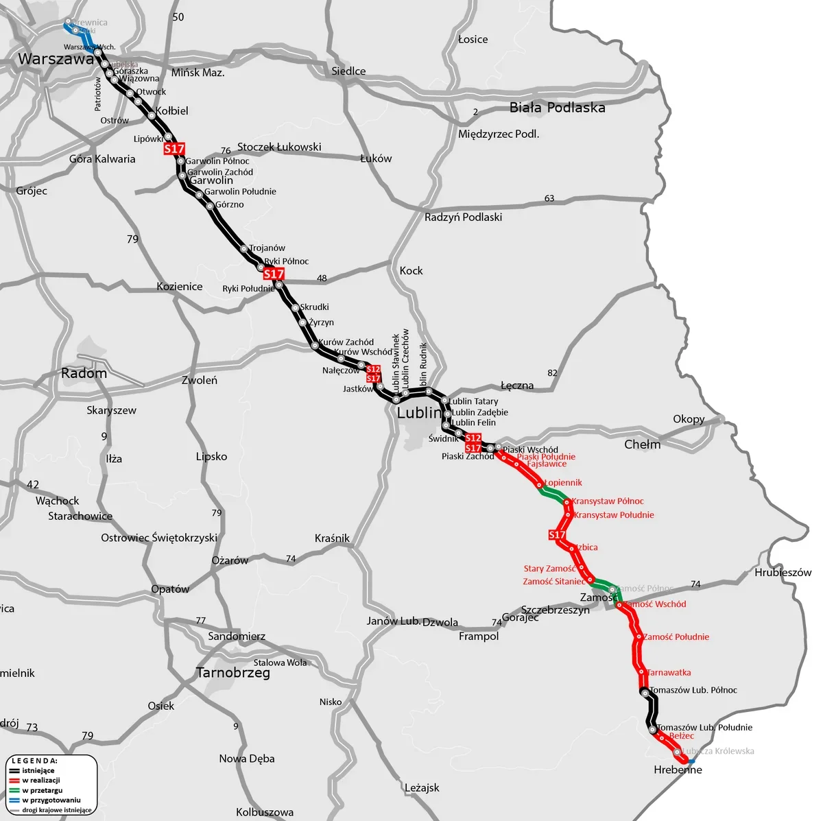 Mapa sieci dróg krajowych i ekspresowych w południowo-wschodniej Polsce z zaznaczoną trasą S17.