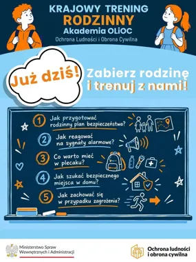 Plakat promujący Krajowy Trening Rodzinny Akademii OLIOC, na którym dzieci stoją przy tablicy z pięcioma zasadami bezpieczeństwa cywilnego.