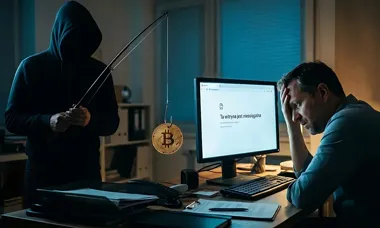 W ciemnym pokoju przy biurku siedzi zmartwiony mężczyzna przed monitorem z komunikatem o niedostępności witryny, a obok stoi postać w kapturze z wędką, na które