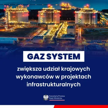 Nocne ujęcie terminalu LNG z oświetlonymi zbiornikami i gazowcem w tle, z naniesionym tekstem informacyjnym o udziale krajowych wykonawców w projektach GAZ-SYST