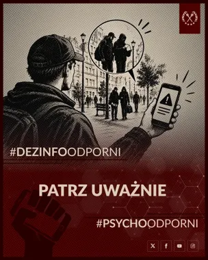 Grafika informacyjna przedstawia mężczyznę z plecakiem i czapką, który na ulicy miasta patrzy na smartfona z wykrzyknikiem ostrzegawczym, a w dymku nad głową wi