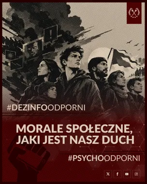 Plakat w stylu propagandowym przedstawia grupę ludzi patrzących w dal, z flagami i transparentami w tle, z hasłami o morale społecznym i odporności psychicznej.
