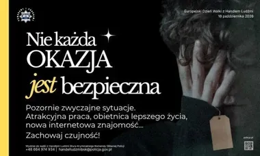 Plakat społeczny Komendy Głównej Policji z okazji Europejskiego Dnia Walki z Handlem Ludźmi przedstawiający sylwetkę osoby z twarzą ukrytą w dłoniach i metką pr