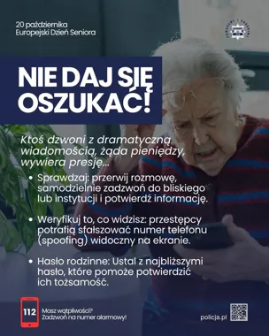 Starsza kobieta w pasiastym swetrze trzyma przy uchu telefon komórkowy, słuchając rozmowy.