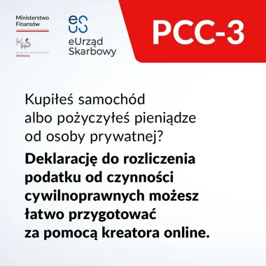 Graficzna informacja Ministerstwa Finansów i eUrzędu Skarbowego o możliwości przygotowania deklaracji PCC-3 za pomocą kreatora online.