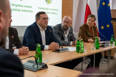 Uczestnicy konferencji prasowej dotyczącej polskiej wołowiny siedzą przy stole z mikrofonami w siedzibie Ministerstwa Rolnictwa i Rozwoju Wsi.