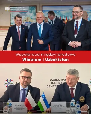 Kolaż dwóch zdjęć z wizyty polskiego ministra nauki: spotkanie z przedstawicielami Wietnamu i Uzbekistanu oraz podpisanie umowy z rektorem uzbeckiej uczelni.