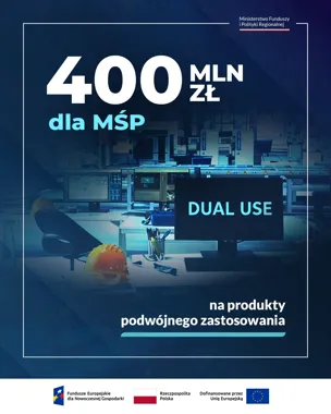 Graficzny plakat informacyjny Ministerstwa Funduszy i Polityki Regionalnej o 400 mln zł dla MŚP na produkty dual use, z tłem przedstawiającym nowoczesne biuro i