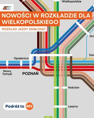 Graficzna mapa schematu kolejowego Wielkopolski z wyróżnionymi nowościami rozkładu jazdy 2026/2027 dla województwa wielkopolskiego.