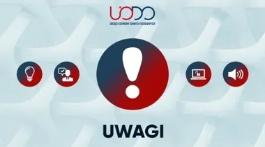 Grafika informacyjna Urzędu Ochrony Danych Osobowych z nagłówkiem „UWAGI” i ikonami symbolizującymi ostrzeżenia dotyczące ochrony danych.