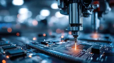 Automatyczna głowica montażowa pracuje nad płytką drukowaną w nowoczesnym zakładzie produkcji elektroniki.