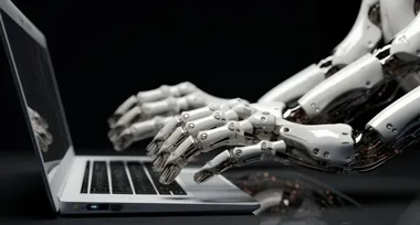Robotyczne dłonie piszą na klawiaturze laptopa na ciemnym tle.