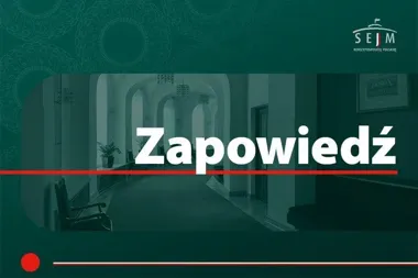 Graficzna zapowiedź wydarzenia Sejmu RP z widokiem korytarza w budynku parlamentu.
