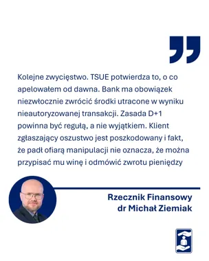 Grafika z cytatem Rzecznika Finansowego dr. Michała Ziemiaka na białym tle z logo instytucji.