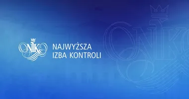 Grafika z logo i nazwą Najwyższej Izby Kontroli na niebieskim tle z sylwetką budynku.