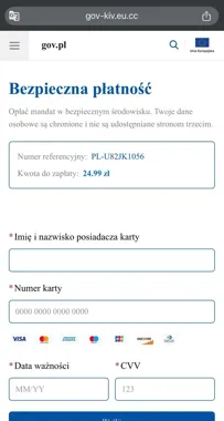 Zrzut ekranu fałszywej strony płatności mandatu podszywającej się pod polski serwis rządowy.