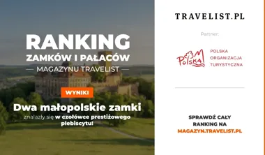 Grafika promująca wyniki rankingu zamków i pałaców magazynu Travelist, z widokiem na zamek otoczony zielenią.