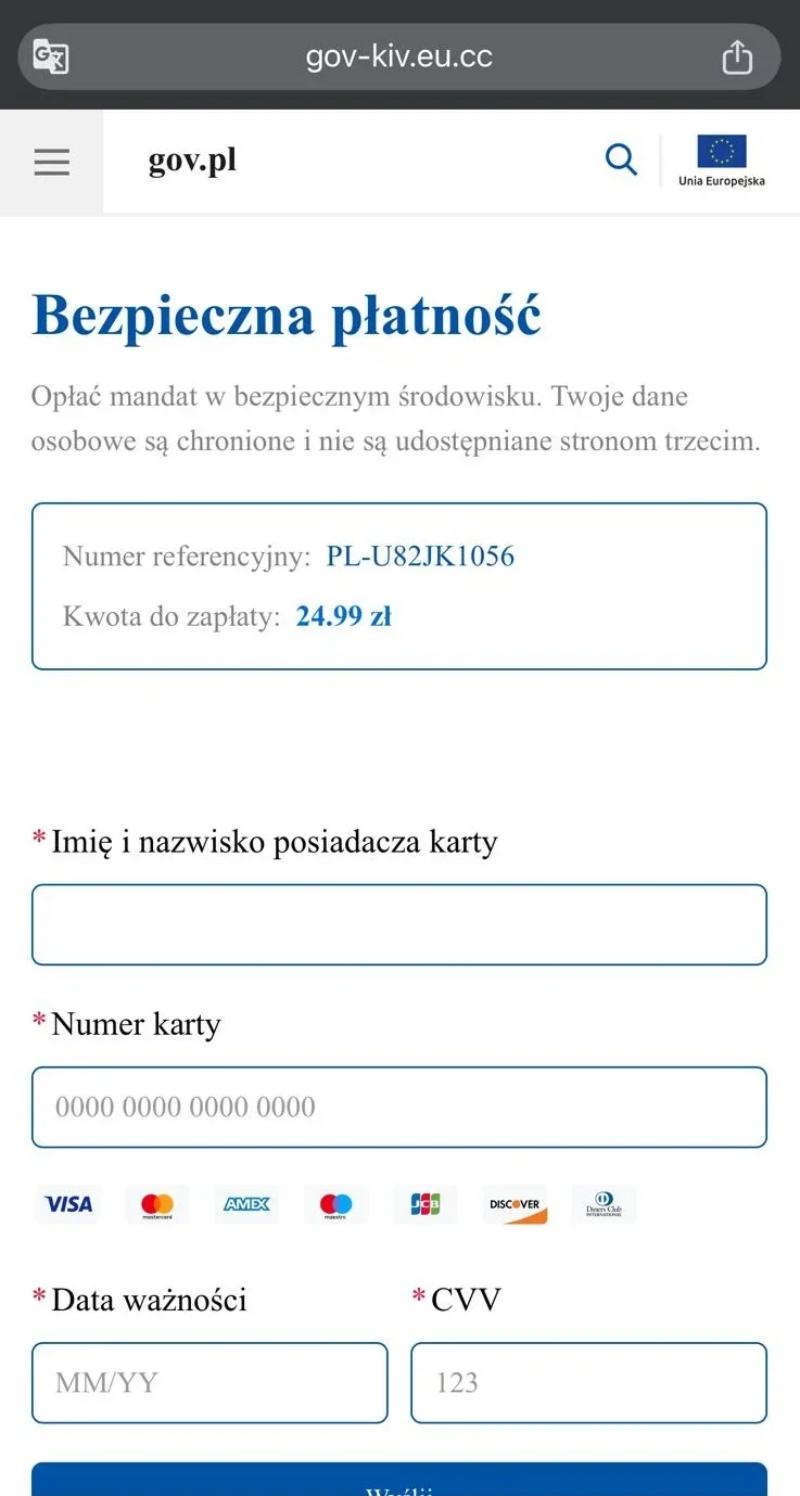 Zrzut ekranu fałszywej strony płatności mandatu podszywającej się pod polski serwis rządowy.