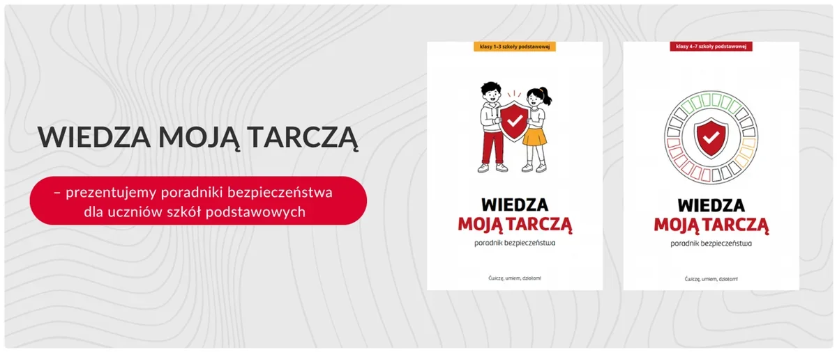 Grafika promocyjna przedstawiająca okładki dwóch poradników bezpieczeństwa dla uczniów szkół podstawowych z serii „Wiedza moją tarczą”.