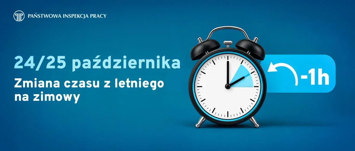 Grafika informacyjna Państwowej Inspekcji Pracy przypomina o zmianie czasu z letniego na zimowy w nocy 24/25 października.